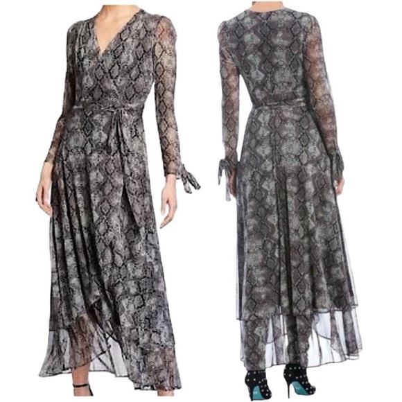 Betsey Johnson Snake Print Long Sleeve Wrap Dress Gray Black 2 Python Snakeskin - Picture 1 of 16